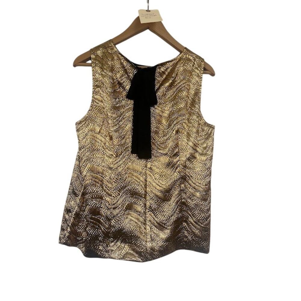 J.Crew Collection Metallic Leaf Jacquard Bow Back Top Gold NWT M